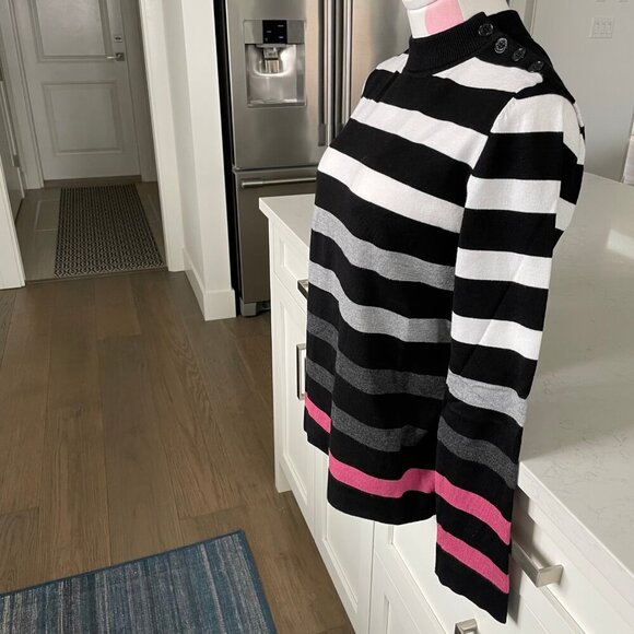 Karl Lagerfeld LS Striped Ribbed Mock Turtleneck Sweater Blk Wht Gry Pink Sz S - Picture 2 of 11